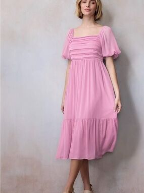 LC Lauren Conrad Light Pink Square-Neck Puff Sleeve Midi Dress size large